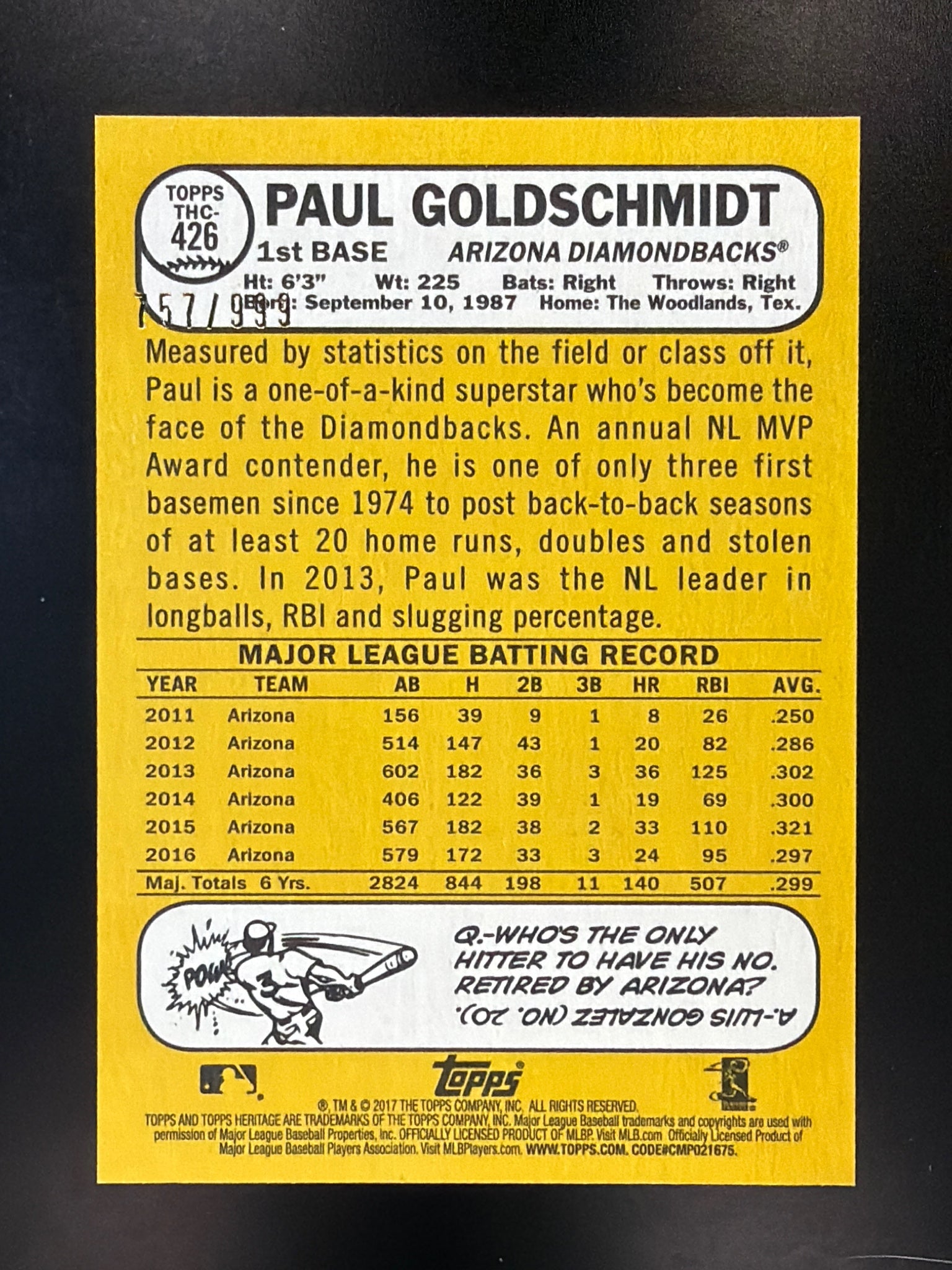 2017 Topps Heritage #THC-426 Paul Goldschmidt Chrome #/999