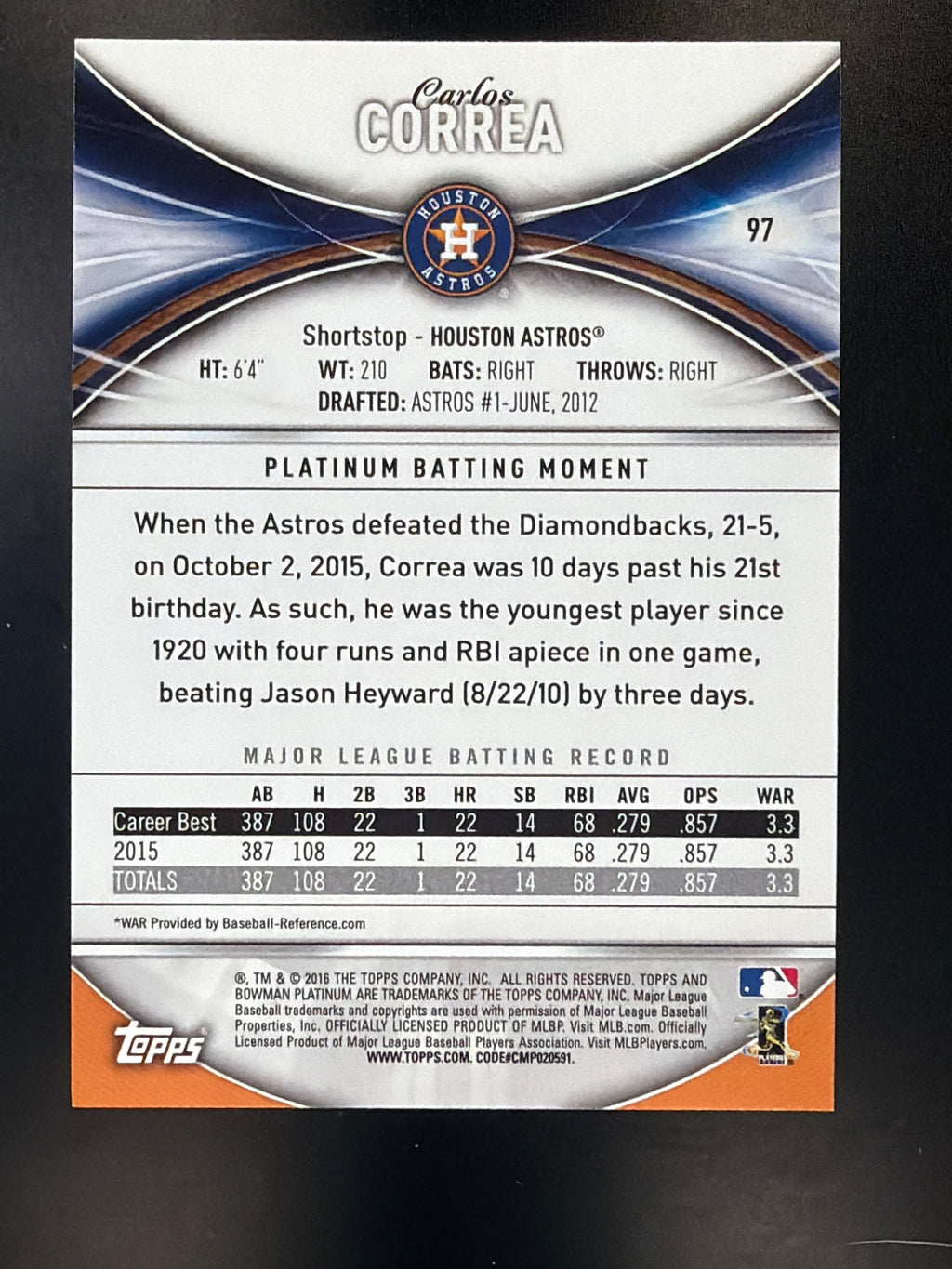 2016 Bowman Platinum #97 Carlos Correa Purple #/250