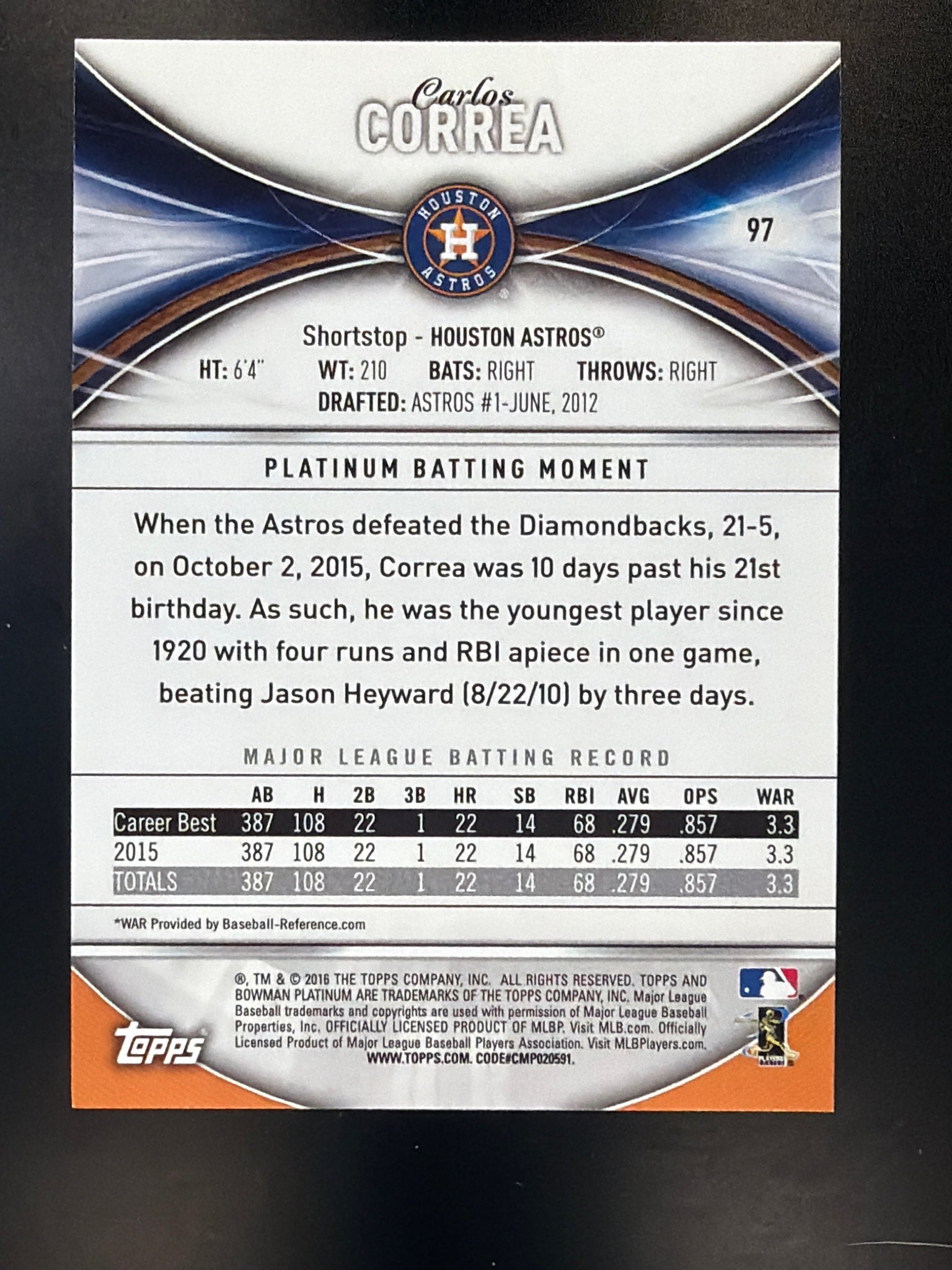 2016 Bowman Platinum #97 Carlos Correa Purple #/250