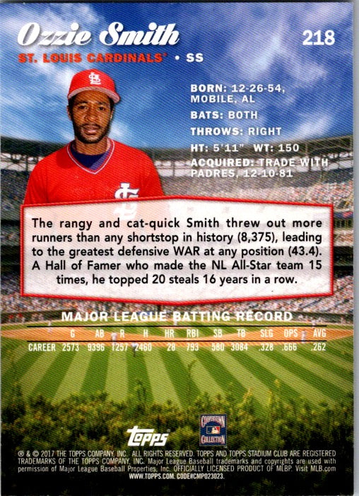 2017 Stadium Club #218 Ozzie Smith Gold Foil