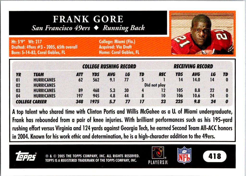 2005 Topps #418 Frank Gore