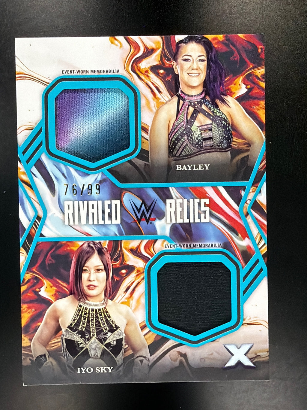 2025 Topps Exalted WWE #RR-BS Bayley / Iyo Sky Rivaled Relics Aqua #/99