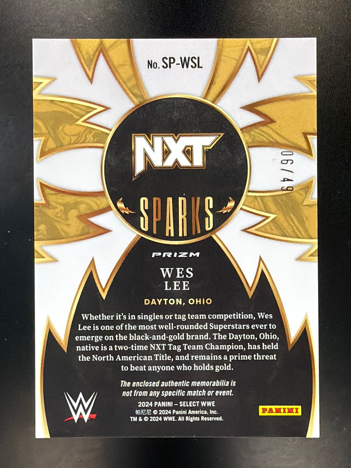 2024 Panini Select WWE #SP-WSL Wes Lee Sparks Memorabilia Blue Prizms #/49