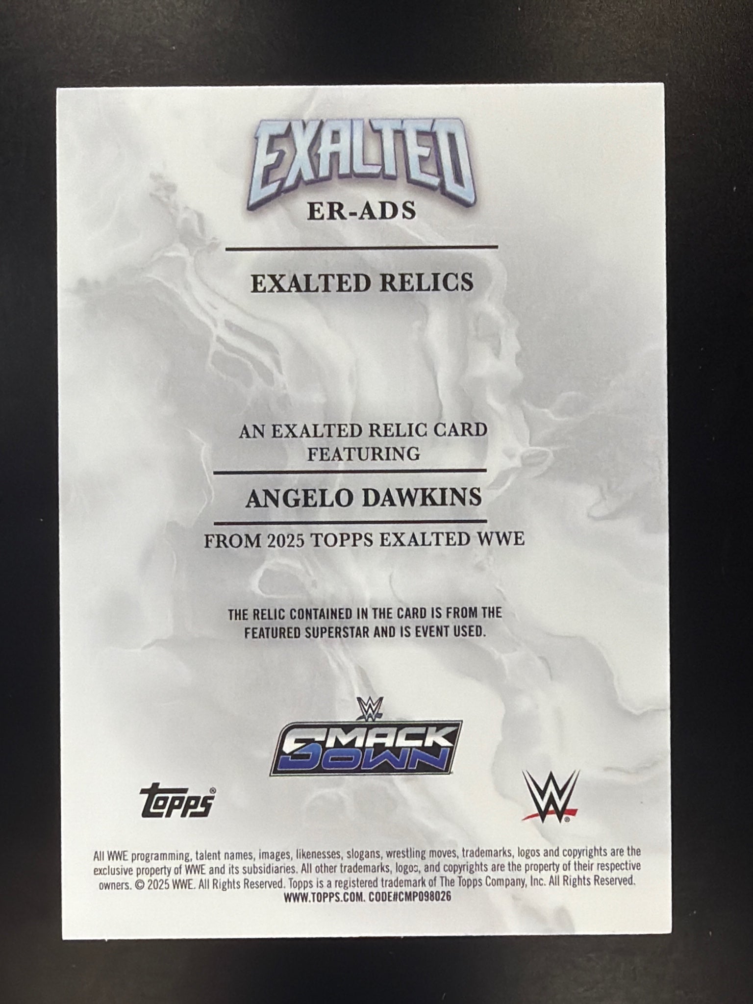 2025 Topps Exalted WWE #ER-ADS Angelo Dawkins Exalted Relics