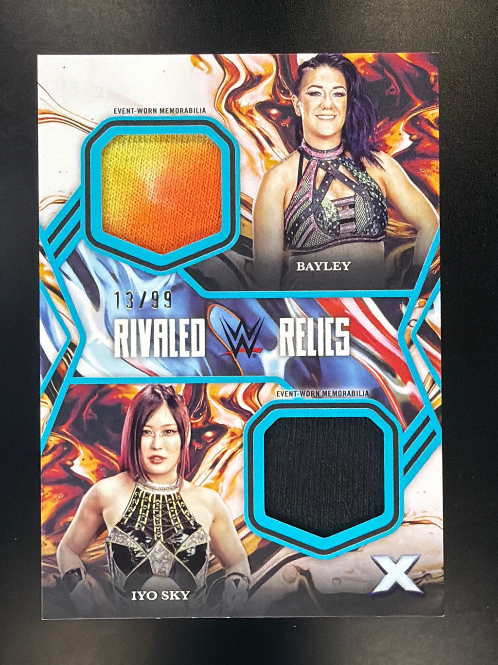 2025 Topps Exalted WWE #RR-BS Bayley / Iyo Sky Rivaled Relics Aqua #/99